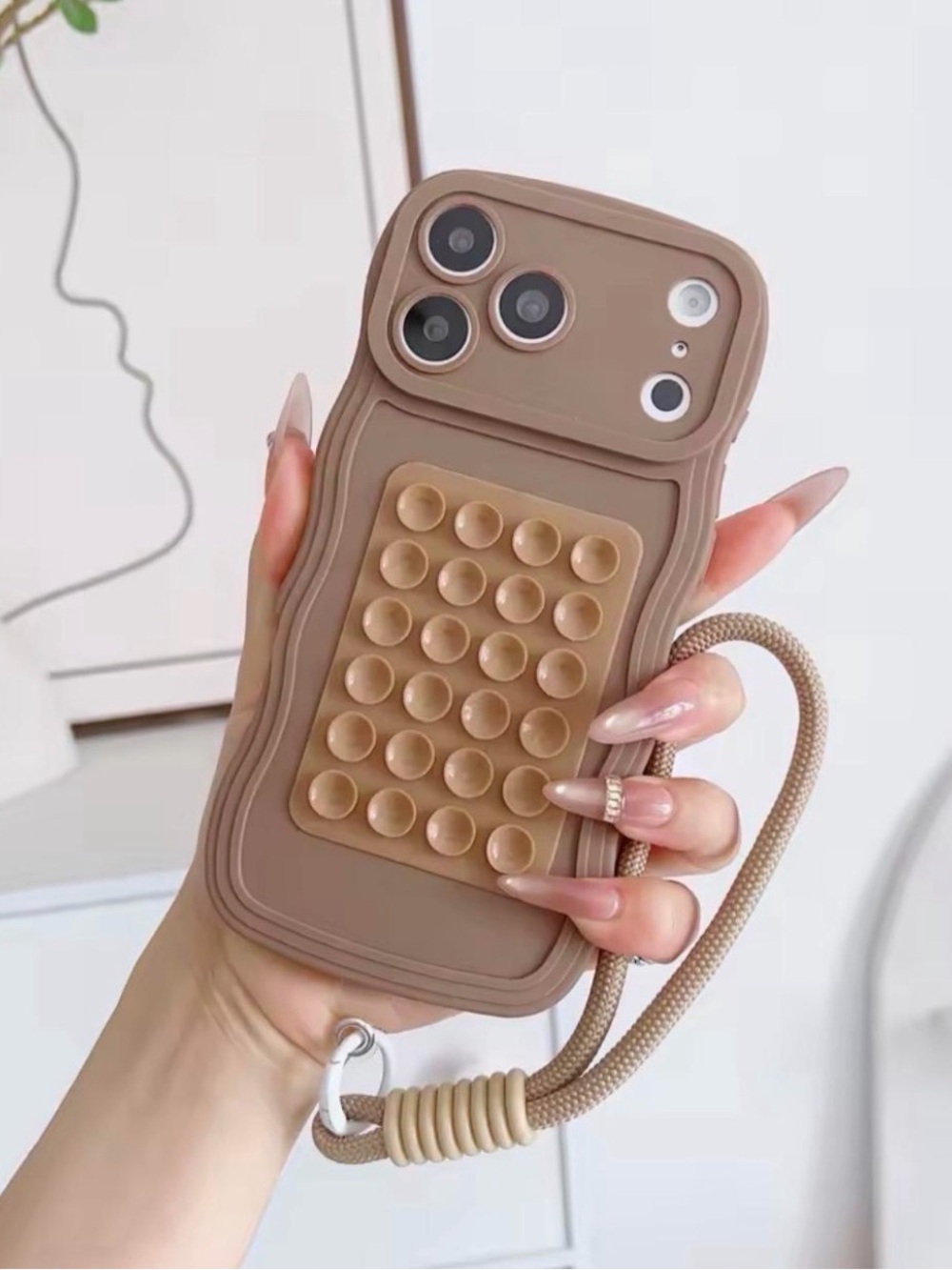 Silicone Pop-It Wrist Strap Phone Case - Brown